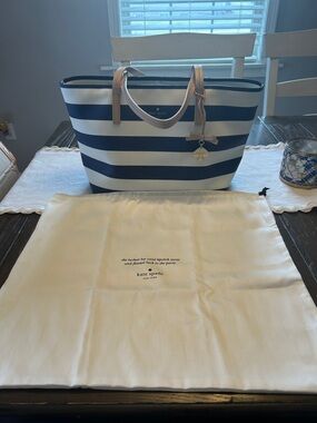 Kate Spade Ryan Tote Navy and White Striped with Tan Handles w/branded dust bag